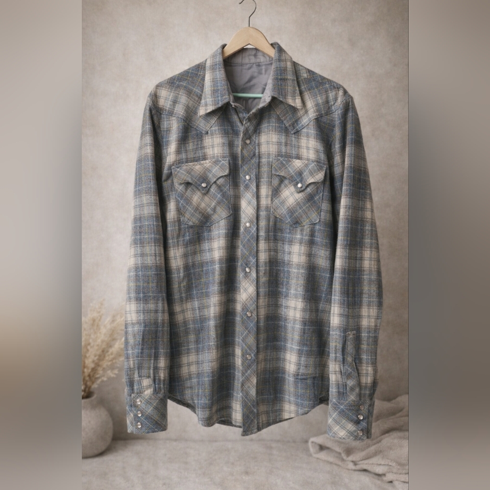 Plaid Western Snap-Front Shirt in Blue and Gray